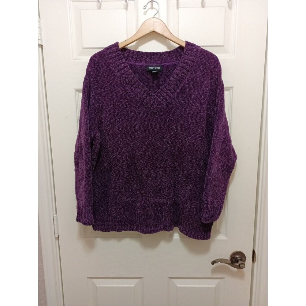 Women's Tracy Lynn Purple Chunky Crochet  Stretchy Pullover V Neck Sweater Large